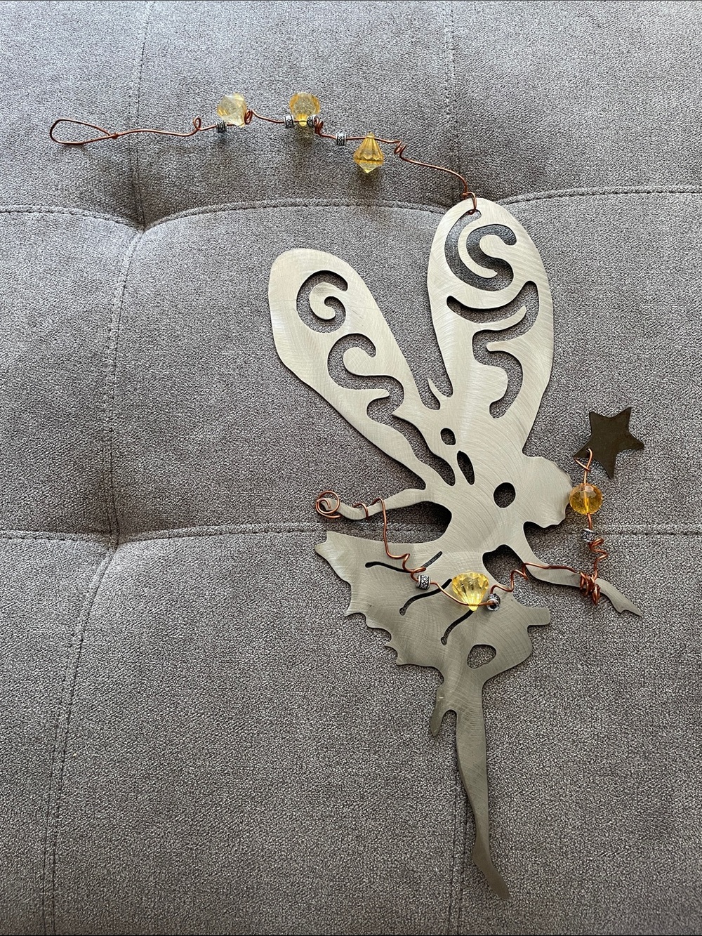 Metal Fairy Wall Decor with Amber Bead Accents and Hanger